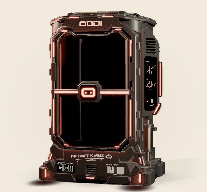 ODDI pod with warm metal panels and red lights around sealed glass.