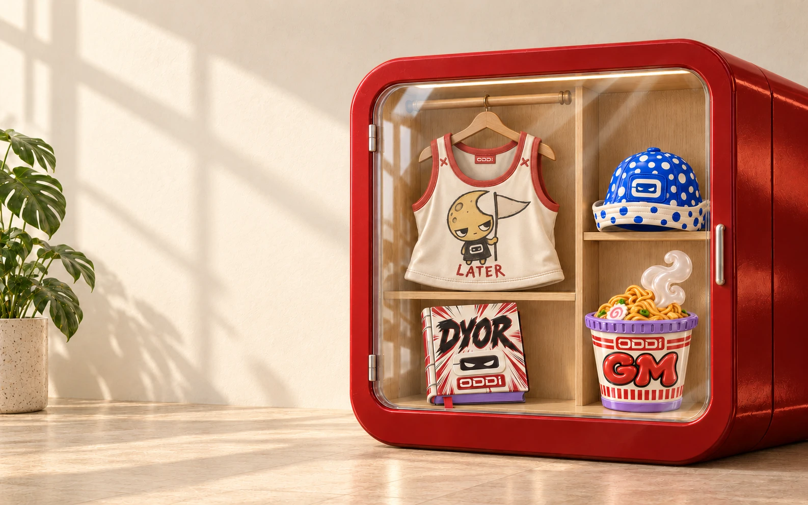 A glossy red glass cabinet in a sunlit ivory room, displaying the Lost Weekend tank, blue Dot Sailor hat, DYOR manga book and GM Ramen collectible.